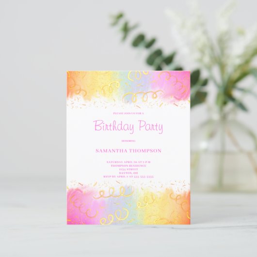Budget Pink Rainbow Confetti Verjaardagsuitnodigin (Staand voorkant)