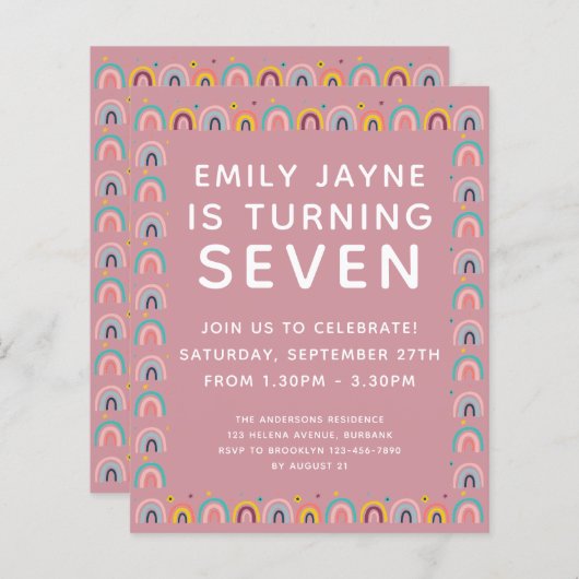 BUDGET Pink Rainbows Birthday Party Uitnodiging (Voorkant / Achterkant)
