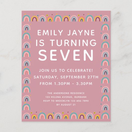BUDGET Pink Rainbows Birthday Party Uitnodiging (Voorkant)