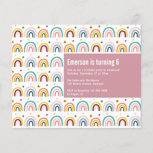 BUDGET Pink Rainbows Birthday Party Uitnodiging (Voorkant)