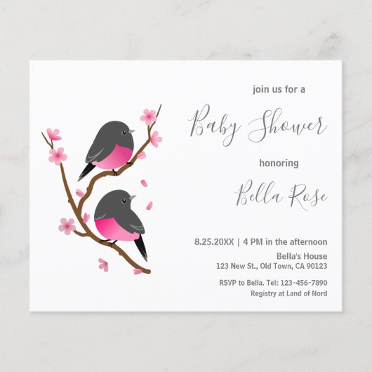 Budget Pink Robin Bird Baby shower Uitnodiging (Voorkant)