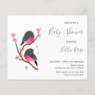 Budget Pink Robin Bird Baby shower Uitnodiging