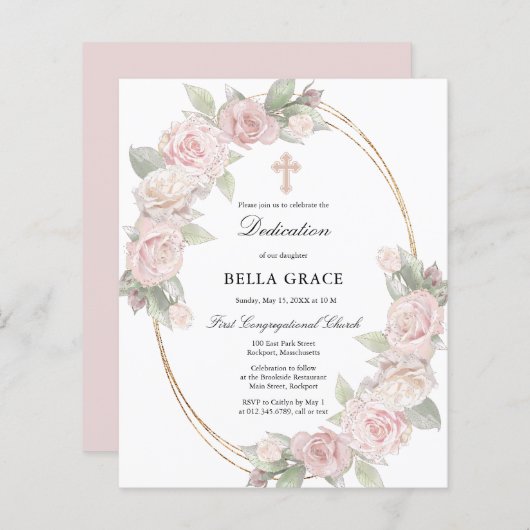 Budget Pink Rose Bloemen Toewijding Uitnodiging (Voorkant / Achterkant)