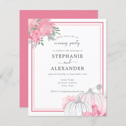 Budget Pink & Silver Pumpkin Wedding Party Invite (Voorkant / Achterkant)