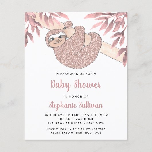 Budget Pink Sloth Baby shower Invitation (Voorkant)