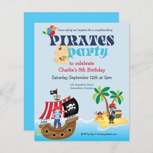 Budget Pirates Kids Birthday Party Invitation (Voorkant / Achterkant)