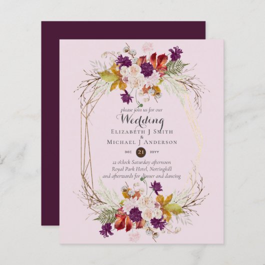 BUDGET Plum and Coral Floral Wedding Invitation (Voorkant / Achterkant)