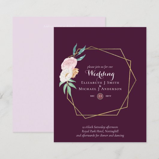 BUDGET Plum and Coral Floral Wedding Invitation (Voorkant / Achterkant)