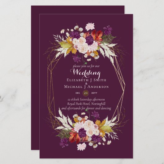 BUDGET Plum and Coral Wedding Invitations A9 (Voorkant / Achterkant)