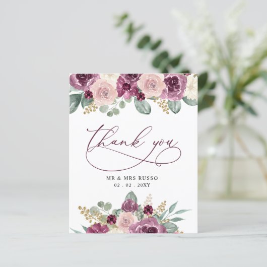 Budget Plum Bloemenbruiloft Dank u kaart (Staand voorkant)