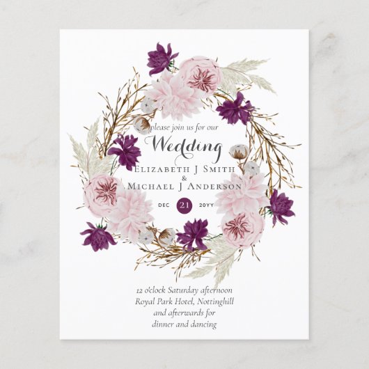Budget Plum Blooms Blush Wreath Wedding Invites (Voorkant)