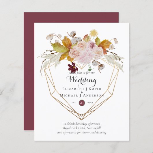 Budget plum Blush Pink Floral Wedding Invites (Voorkant / Achterkant)