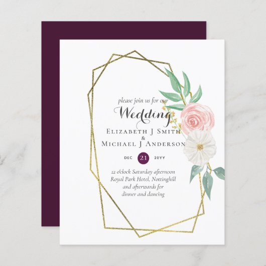 BUDGET Plum en Peach Floral Wedding Invitation (Voorkant / Achterkant)