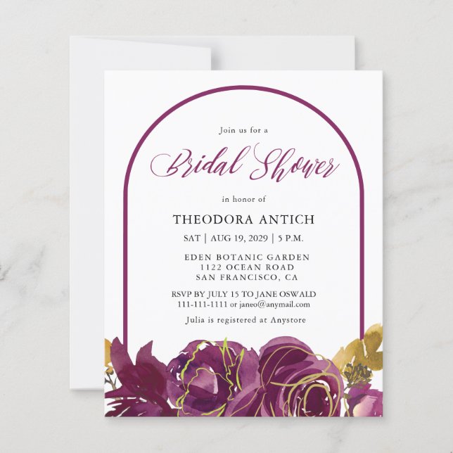 Budget Plum Floral Arch Bruids Douche Uitnodiging (Voorkant)
