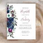 Budget Plum Floral Navy Blue Wedding Invitation<br><div class="desc">De linkerrand van deze romantische huwelijksuitnodiging is voorzien van een waterverf bloemboeket van pruimen paarse en marineblauwe bloemen en groene. De aanpasbare tekst combineert handschrift,  copperplate en cursieve doopvonten in houtskool grijs op een witte achtergrond. De achterkant is een coördinerende vaste pruimen.</div>