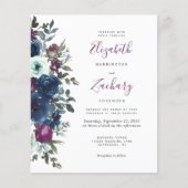 Budget Plum Floral Navy Blue Wedding Invitation (Voorkant)