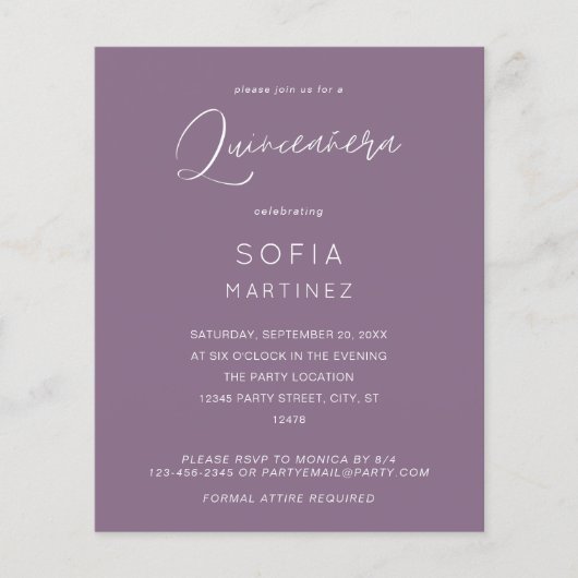 Budget Plum Paars MOD Calligraphy Quinceanera Flyer (Voorkant)