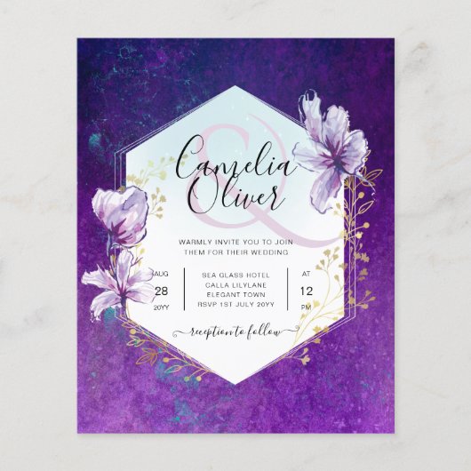 Budget Plum Paarse Floral Wedding Invite Flyer (Voorkant)