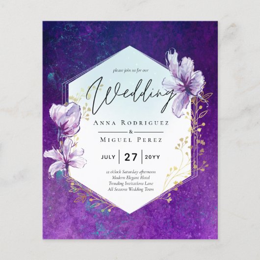 Budget Plum Paarse Floral Wedding Invite Flyer (Voorkant)