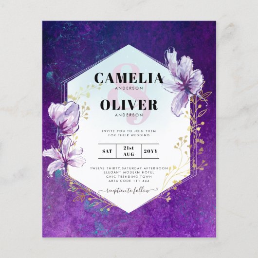 Budget Plum Paarse Floral Wedding Invite Flyer (Voorkant)