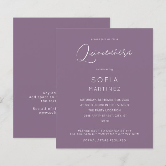 Budget Plum Paarse MOD Calligraphy Quinceanera (Voorkant / Achterkant)