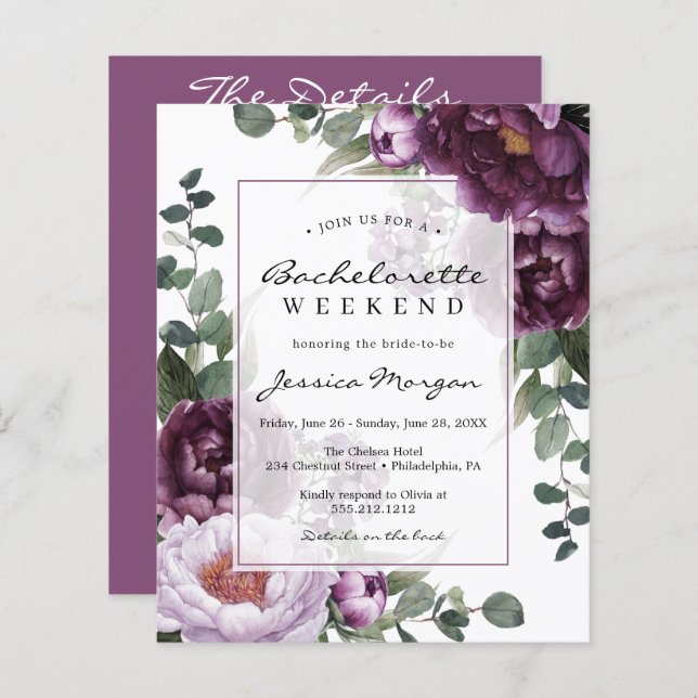 Budget Plum Peonies Bachelorette Party Invitation (Voorkant / Achterkant)