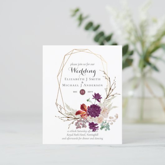 Budget Plum Roze Gember Bloemen Bruiloft Uitnodigi (Staand voorkant)