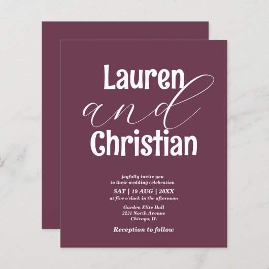 Budget Plum Scripting Wedding Invitation (Voorkant / Achterkant)