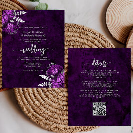 Budget Plum Silver Floral QR Code Wedding Invite
