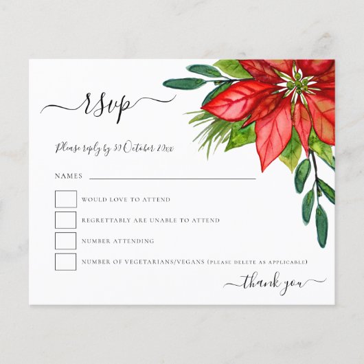 Budget Poinsettia Foliage kerstbruiloft RSVP (Voorkant)