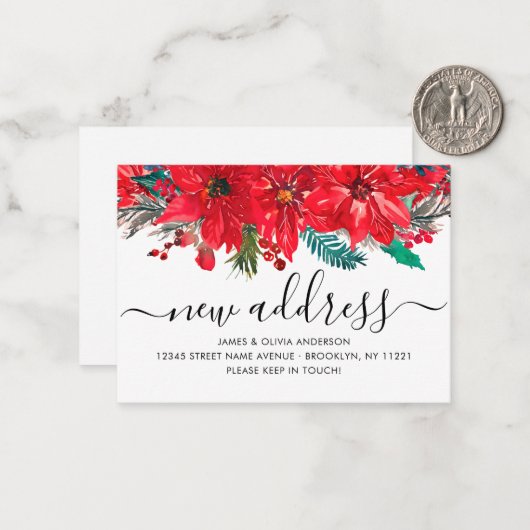 Budget Poinsettia New Address Holiday Moving Card Notitiekaartje (Voorkant / Achterkant in situ)