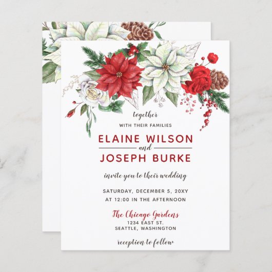 Budget Poinsettia Pine cone Wedding Uitnodiging (Voorkant / Achterkant)