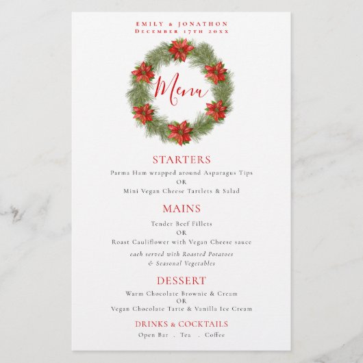 Budget Poinsettia Wreath Kerstbruiloft Menu (Voorkant)