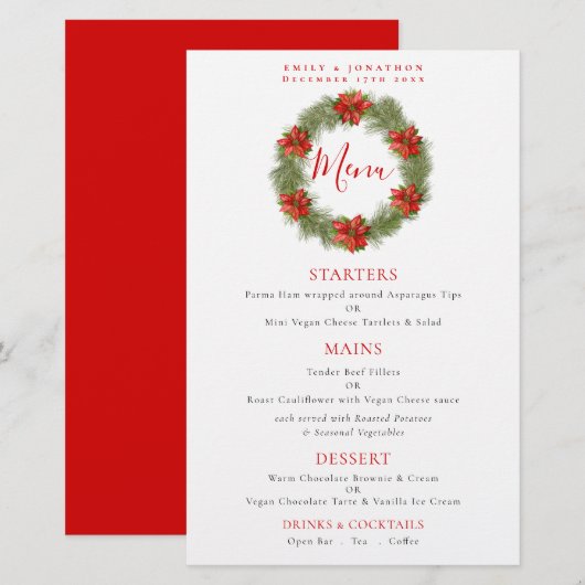 Budget Poinsettia Wreath Kerstbruiloft Menu (Voorkant / Achterkant)