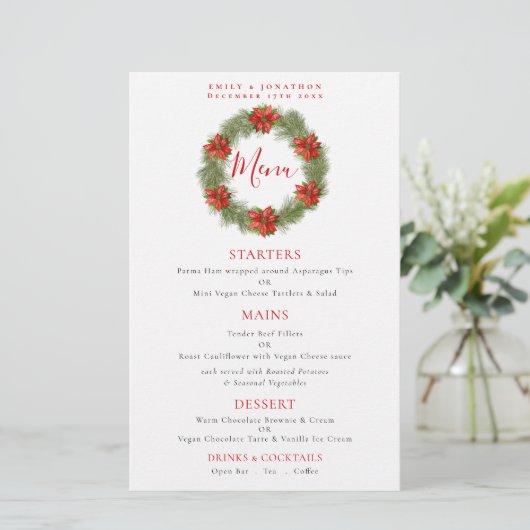 Budget Poinsettia Wreath Kerstbruiloft Menu (Staand voorkant)