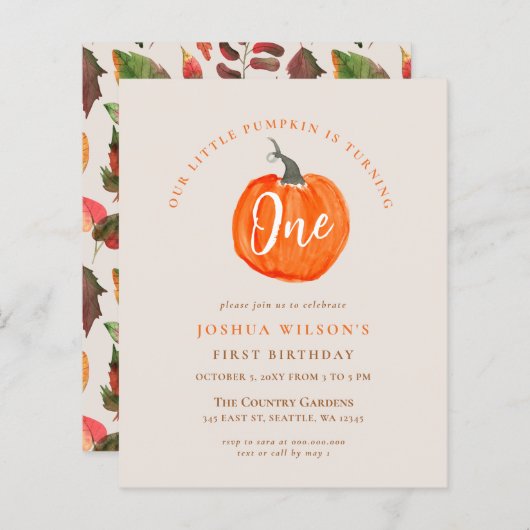 Budget pomkin eerste verjaardag uitnodiging (Voorkant / Achterkant)