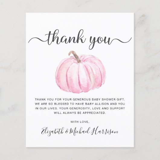 Budget pompoen baby meisje douche dank u kaart (Voorkant)