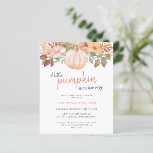 Budget Pompoen Herfst Floral Baby shower Uitnodigi (Staand voorkant)