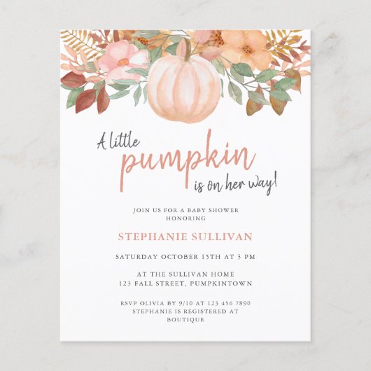 Budget Pompoen Herfst Floral Baby shower Uitnodigi (Voorkant)