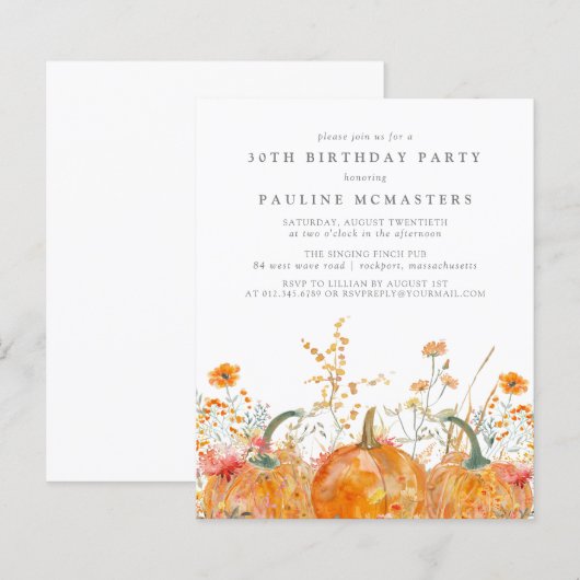 Budget Pompoen Wildflower 30e verjaardag Uitnodigi (Voorkant / Achterkant)