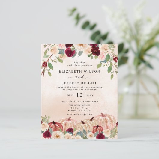 Budget pompoenen Country Fall bruiloft uitnodiging (Staand voorkant)