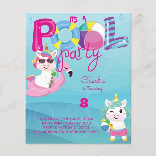 BUDGET Pool Party Unicorn Birthday Uitnodiging (Voorkant)