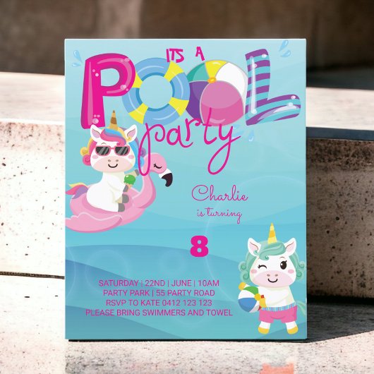 BUDGET Pool Party Unicorn Birthday Uitnodiging