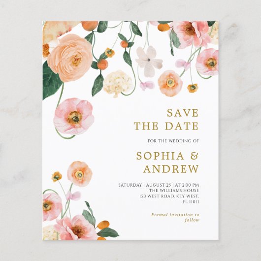 BUDGET Poppies Bloemen Bruiloft Save The Date (Voorkant)