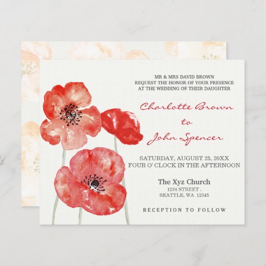 Budget Poppies Modern floral bruiloft uitnodiginge (Voorkant / Achterkant)