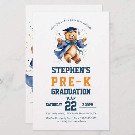 Budget Pre-K Afstuderen Teddy Bear Party Invite (Voorkant / Achterkant)