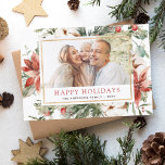 Budget Prettige feestdagen kerstfoto<br><div class="desc">Budget Rustic Winter Merry Kerstfamilie of Business Foto Card met Holiday Floral White Flowers,  Greenery en Red Poinsettia Flowers met een eenvoudige achtergrond.</div>