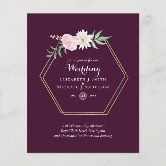 BUDGET Pruimen- en koraalbloemen bruiloft uitnodig (Voorkant)