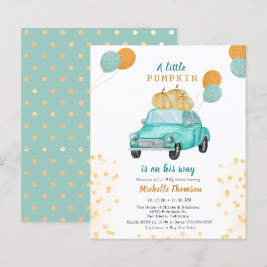 Budget Pumpkin Blue Gold Car Baby shower (Voorkant / Achterkant)