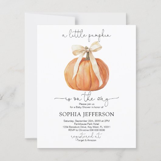 Budget Pumpkin Bow Baby shower Uitnodiging (Voorkant)